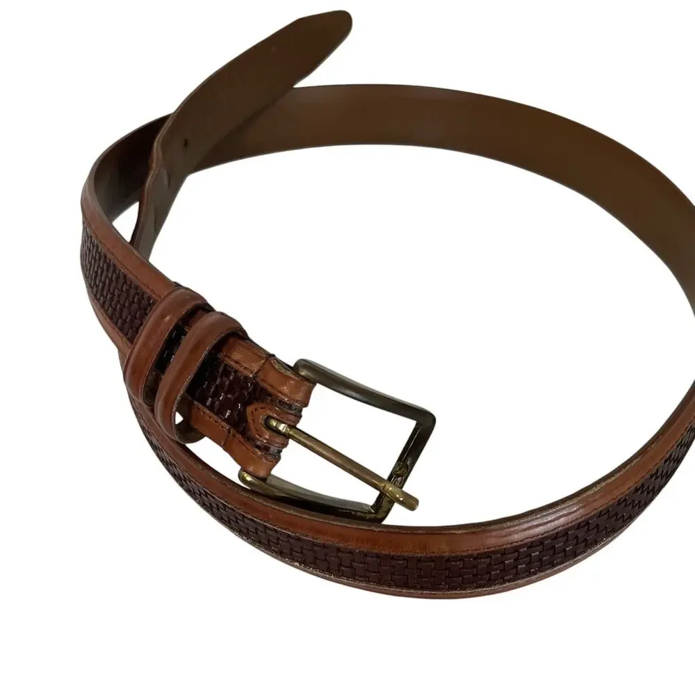 Allen Edmonds Mens Woven Calfskin Leather Brown Belt Brass Buckle USA Size 36